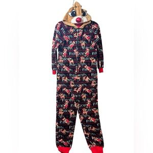 Adult Rudolph Reindeer Christmas Pajamas One Piece Hooded Fleece Small Zip PJs
